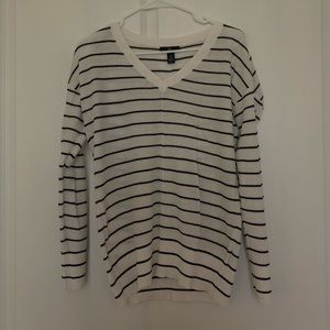 V-neck black and white striped sweater